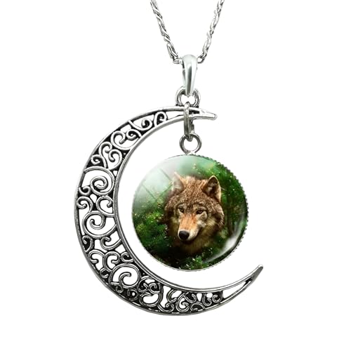 Collier demi-lune cabochon verre loup argent 925 bijoux phase de lune mixte