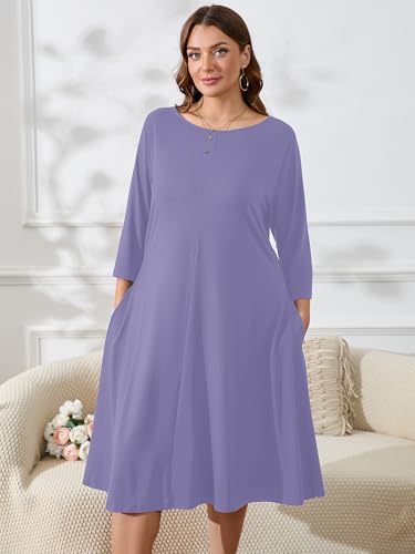 Image of AusLook Women's Plus Midi Dresses Crew Neck A Line 3 /4 Sleeves Casual Elegant Loose Wedding Vacation Dress with Pockets