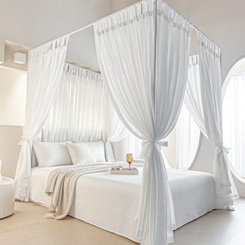 AIKASY Canopy Bed Board with Top and Self-Adhesive Velcro Strips, White Gauze Princess Bed Canopy Curtain Tent, Creating a Romantic Atmosphere in The Room(Full/Queen,White)