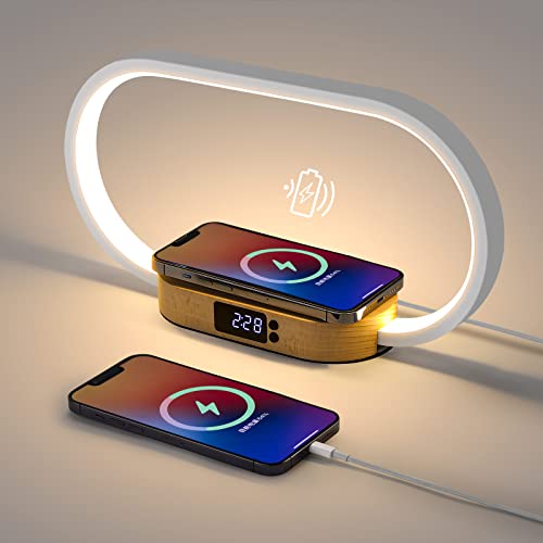 Lightess Lampade da Comodino con Ricarica Wireless, Lampada da Tavolo LED Dimmerabile con Porta USB e Orologi, Lampada da Scrivania 10W Touch 3 Luminosità Orologi per Camera da Letto