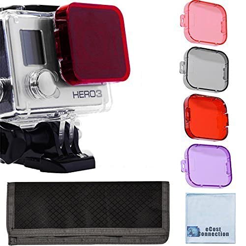 4Pc Filter Kit For Gopro Hero 3 Large Dive Case. Filters Come W/ Soft Case. Red, Purple, Pink And Gray Colors. Scuba Green Water, Scuba Tropical Water, Nd & Warming Filters & An Ecostconnection Microfiber Cloth #TOP14