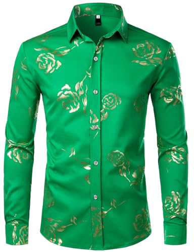 ZEROYAA Mens Rose Floral Luxury Printed Dress Shirts Shamrock Green XXL