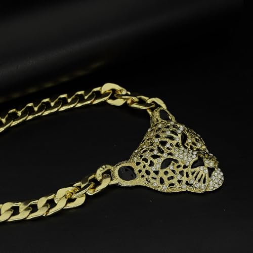 Chunky Cuban Chain Leopard Pendant Choker for Women Men,Animal Cheetah Iced Out Charm Necklace with 14K Gold Plated Link,Faux Diamond Bling Bold Statement Hip Hop Rapper Punk Jewelry2