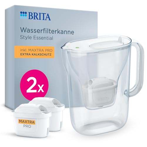 BRITA Wasserfilter Kanne Style Essential weiß (2,4l) inkl. 2x BRITA MAXTRA PRO Extra Kalkschutz – Kühlschrankgeeignete Filterkanne mit Smart Light LED & Klapp-Deckel, filtert Verunreinigungen & mehr