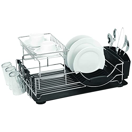 2-Tier Deluxe Kitchen Dish Drying Rack (Silver/Black), By Home Basics | Big Dish Drying Rack For Plates, Teacups, Bowls, Cups, And Silverware | Strainer For Kitchen Counter With Cutlery Holder #TOP5