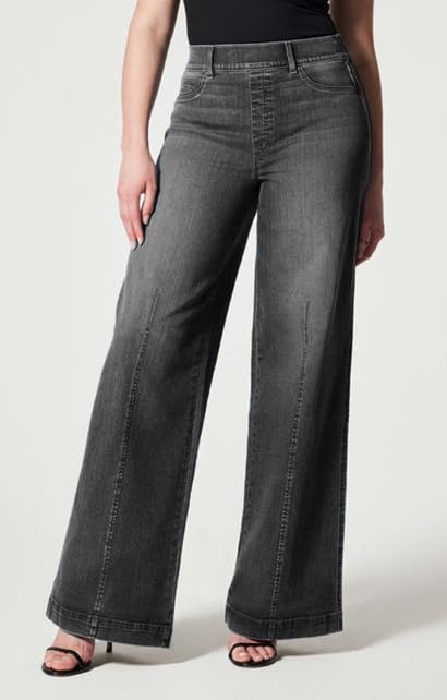 Womens Plus Size Elastic Waist Pull Up Pants Jeans Wide Leg, Baggy Jeans Woman Trendy Straight Leg High Waisted Denim Pants3