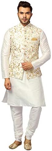 Uri and MacKenzie Men's Silk Blend Kurta Churidar Pyjama with Stylish Nehru Jacket