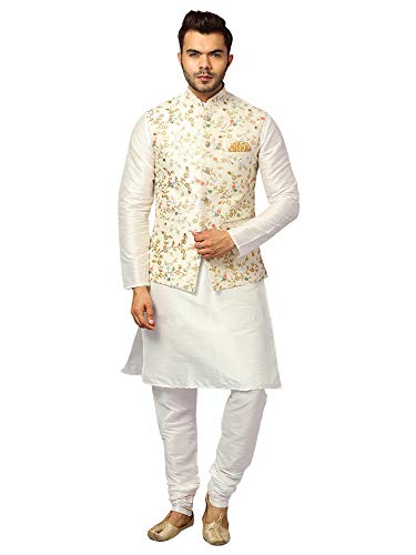 Image of Uri and MacKenzie Men's Silk Blend Kurta Churidar Pyjama with Stylish Nehru Jacket