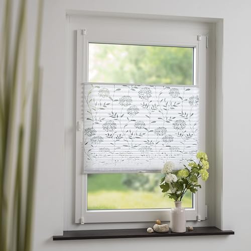 Klemmfix-Plissee mit ausgebranntem Blumen-Motiv, halbtransparent, ohne Bohren oder Schrauben, inkl. Klemmträger, Breite: 80 cm/Länge: 130 cm, Farbe: weiß