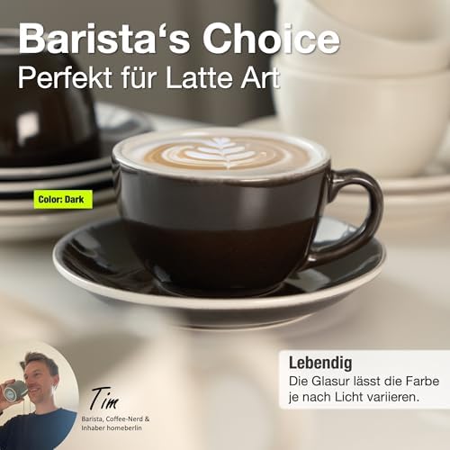 2. Bild von HOMEBERLIN® Barista Pro Cappuccino Tassen Set - 200ml Kaffeetassen Set - Premium Kaffee Tassen Set aus hochwertigem Steingut - Vier Moderne Kaffeetassen mit passenden Untertassen - 100% Handfertigung