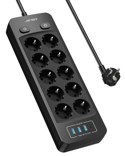 JSVER Listwa Przeciwprzepięciowa z 10 Gniazdami i 4 Portami USB ładowarka (5 V/3,1 A/15,5 W) Listwa Zasilająca USB z 2-metrowym Kablem do Smartfonów,Domu, Biura-Czarna