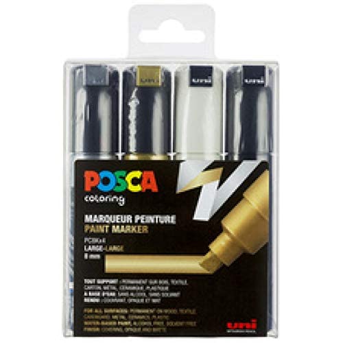 Posca - Set de 4 marcadores PC8K, punta ancha biselada - Colores: negro, blanco, dorado, plateado