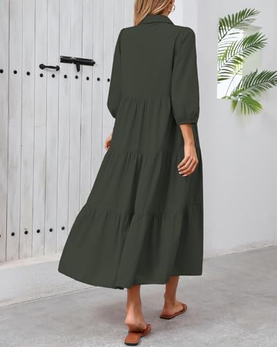 Image of Women Button Down Maxi Shirt Dress Long Sleeve Flowy Tiered Collared Dresses with Pockets
