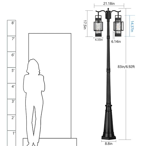 PARTPHONER Modern Outdoor Lamp Post Light 2-Head, Hardwired Street Light Post for Outside Metal Pole Light Outdoor Lighting with Water Glass Shade for Garden Patio Backyard Walkway Driveway