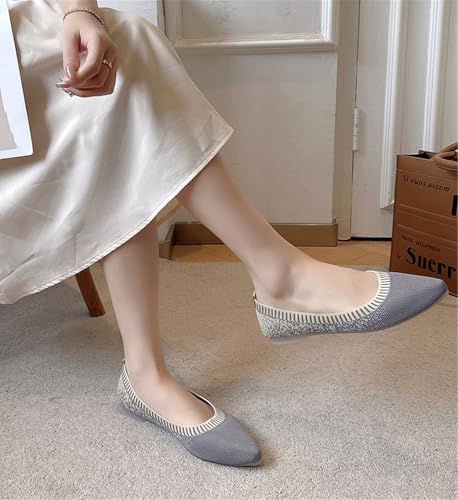 Women's Pointed Toe Knit Flats Shoes Slip on Ballet Flats Comfortable Dress Shoes for Women(8.5,1-Grey)