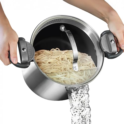 Image of GOTHAM STEEL 5 Qt Stainless Steel Stock Pot Multipurpose Pasta Pot with Strainer Lid & Twist and Lock Handles, for Soup, Spaghetti, Rice, Induction Ready, Dishwasher Safe