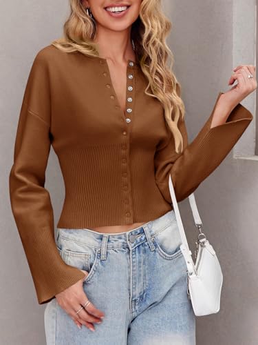 Image of Saodimallsu Womens Cropped Sweaters Cardigan | Button Down,Long Sleeve,V Neck,Ribbed Knit,Slim Fit ,Pullover Crop Tops