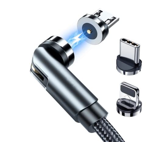 Magnetic Data Cable 540 Degree Rotation Three-in-one Magnetic Suction WireBraided Nylon Wire Elbow USB Multi-connector Magnet Cable Charging Cable (Black one meter)