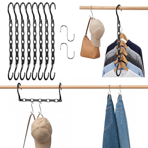 8 Pack Black Space Saving Hangers for Closet Organizers and Storage, 9.4 inch with 5 Enclosed Anti-Slip Hole, Clothing Hangers for Small Apartment & Small Closets and Dorm Room Essentials