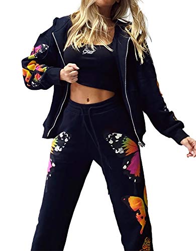 Women 2 Pieces Butterfly Printed Tracksuit Zipper Up Hoodies and Sweatpants Sportswear (Black, M)