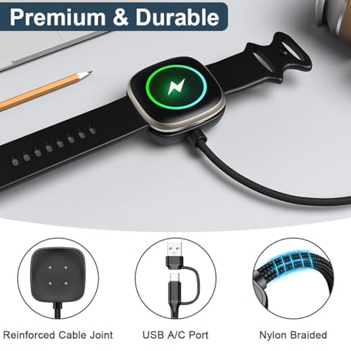 Image of ZORBES Charger for Fitbit Sense 2 /Sense /Versa 4 /Versa 3, 2 in 1 USB C /A Charging Cable for Fitbit Sense 2 /Sense /Versa 4 /Versa 3 Smartwatch, 3.3Ft /100cm Portable Charger Dock Cord