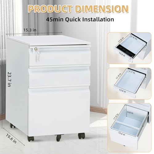 MilleLoom Filing Cabinets for Home Office Organizer, 3 Drawer Mobile File Cabinet with Lock & Anti-Tip Wheel,Under Desk Metal Filing Cabinets ForLetters/Legal/a4 (Un-Assembled) by MilleLoom - Image 2