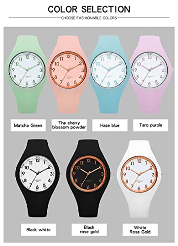 Forrader Sport Montre analogiques avec Bracelet en Silicone Grand Cadran étanche Mode décontractée Simple Quartz pour Femmes Filles, Noir/Or Rose., Sangle – vue 5