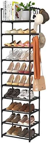 ROJASOP Tall Shoe Rack 10 Tiers Narrow Shoe Rack 20-24 Pairs Vertical Shoe Rack Space Saving Stackable Tall Shoe Rack for Closet Entryway Durable Shoe Shelf Storage Metal Shoe Tower with 8 Hooks