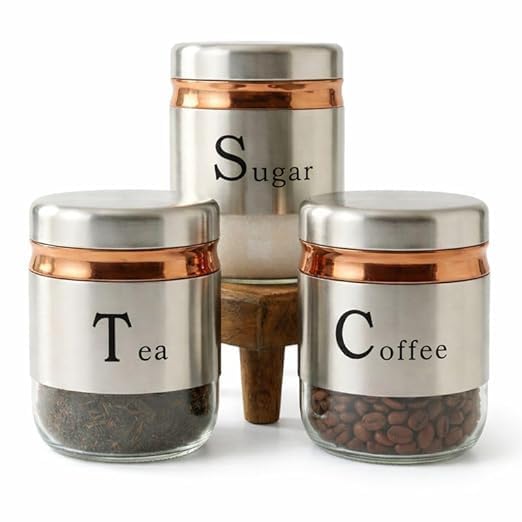 Image of 350ml Canister Set of 3 | Premium Glass Jars with Stainless Steel Lids | Airtight Kitchen Storage Containers for Tea, Coffee, Sugar | Transparent Spices Masala Organizer