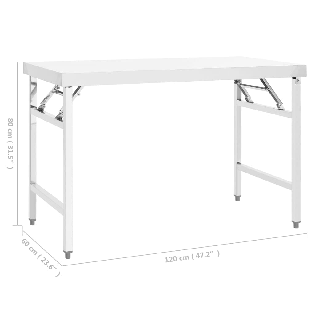 vidaXL Mesa de Trabajo Plegable de Cocina Banco Comida Hostelería Restaurantes Comedores Reuniones Familiares Colegios Acero Inoxidable 120x60x80 cm