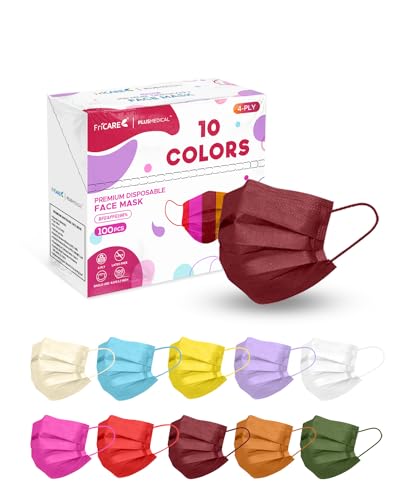 FriCARE 2023 Colorful Disposable Masks for Adults, 100 Pack Face Mask Individually Wrapped Breathable & Protective Facemasks for Women and Men, Ideal for Home, Office, and Everyday Use
