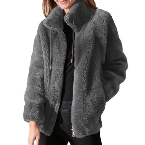 Womens Warm Fuzzy Zip Up Jackets Oversized Sherpa Standing Collar Jacket with Pockets Faux Fur Winter Coats Outwear