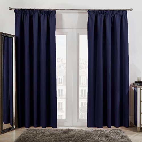 Dreamscene Pencil Pleat Blackout Curtains Set of 2 Thermal Tape Top Heading Panels, Navy Blue - Width 66" x Drop 72"