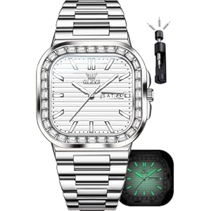 OLEVS Mens Tank Watch Minimalist Diamond Watch Fashion Dress Analog Quartz Mens Watches Rectangular Waterproof Stainless Steel Luminous with Date Watches for Men(Silver/Rose Gold)