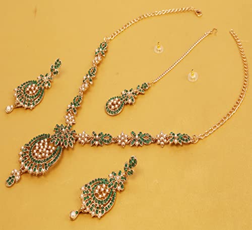 Touchstone New Indian Bollywood Trends Filigree Floral Pattern Sparkling Green Rhinestone Designer Jewelry Necklace Set Mangtika In Antique Gold Tone For Women. #TOP3