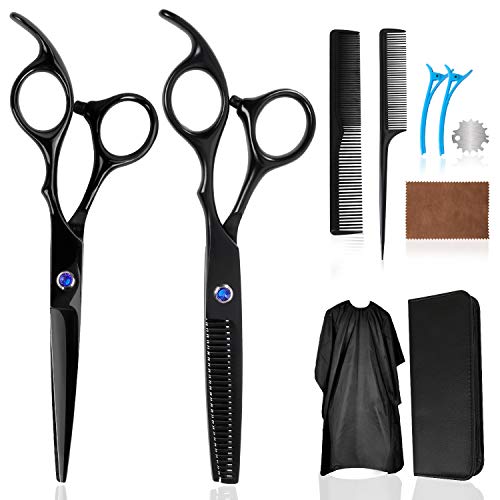 Ciseaux Coiffure Ciseaux à Désépaissir Kit, LC-dolida Ciseaux Cheveux Professionnels Ciseaux de Efiler Salon Coiffure,Cape de Coiffeur et Peigne De Coiffure, pour Homme Femmes Fille Garçon (10pcs)