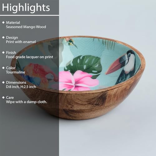 Image of SAAGA Printed Mango Wood Mixing Bowl - 8 x 2.5 Inch Large Stylish Wooden Serving Bowl for Salad, Fruits, Snacks & Curries - Tourmaline Finish