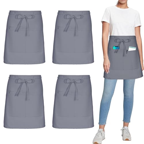 umboom 4 Stück Vorbinder Schürze, Grau Küchenschürze mit 3 Taschen, Kurz Koch Schürzen, Kellnerschürze Grillschürze Baristaschürze Taillenschürze für Herren Damen (Grau - Polybaumwolle)