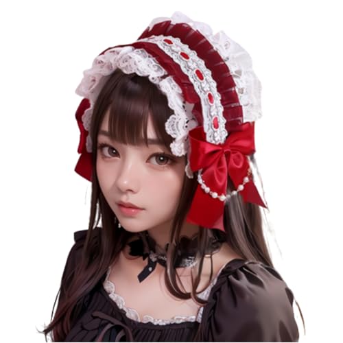ロリータ ヘッドドレス カチューシャ レース リボン ゴスロリ 髪飾り 萌え メイド (red, 普通)（Amazon）