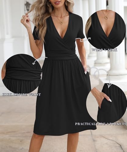 Image of NILOUFO Women's Summer Short Sleeve Casual Dress Wrap V Neck Party Midi Dresses with Pockets