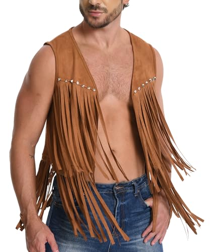 FEOYA Mens Cowboy Faux Suede Vest Retro Long Fringe Jacket Hippie Sleeveless Jackets Brown S