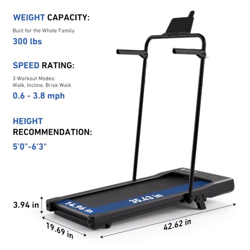 Image of DeerRun Walking Pad Treadmill, 7% Incline Foldable Treadmill with Handlebar | Quiet Under Desk Treadmill with Handlebar, 2.5HP & 3.8MPH, 300 lbs Capacity for Home Office Walking with App