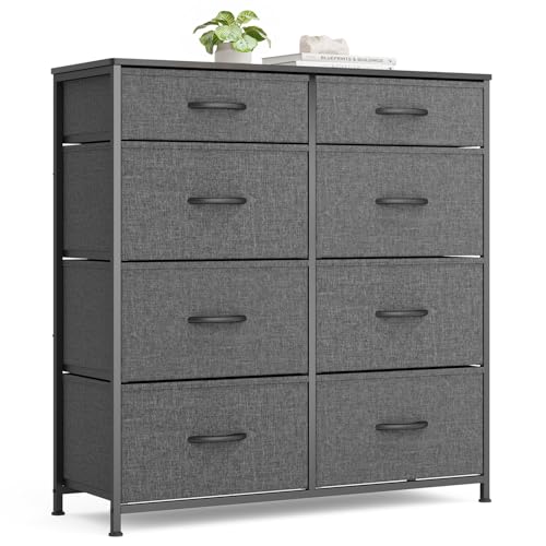 Xbro Cajonera con 8 Cajones de Tela, Cómoda de Tela Dormitorio con Tapa de Madera, Cajonera Dormitorio Pasillo, Cajonera Pasillo Mueble para Cocina Oficina Pasillo Dormitorio (Gris Oscuro)