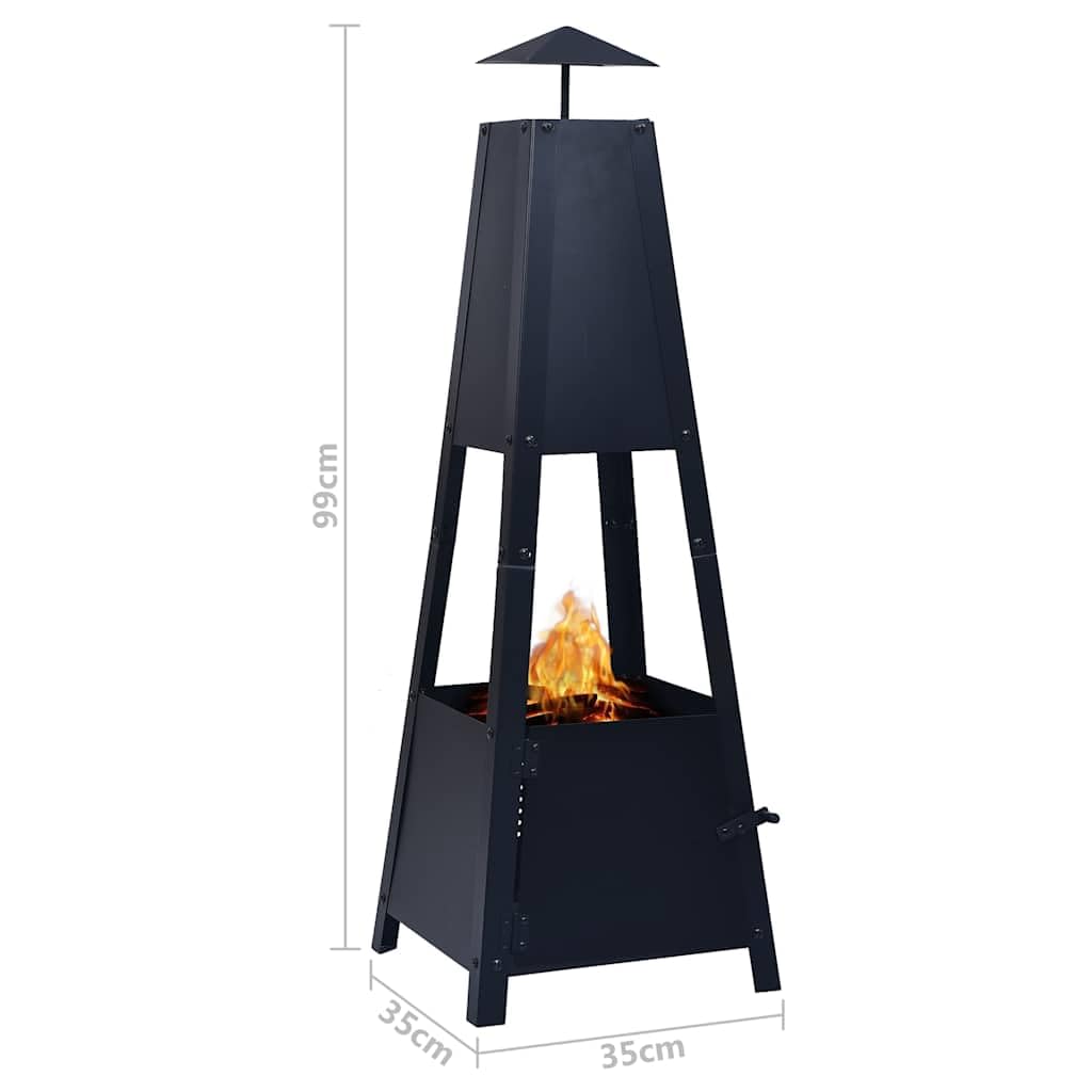 Feuerstelle Pyramide für den Garten, 35 x 35 x 99 cm, Feuerkorb aus pulverbeschichtetem Stahl mit Feuerhaken und Tragegriff, Schwarz