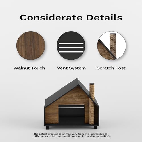 Wooden Cat House Outdoor Indoor, Durable Pet House for Cats, Indoor Cat Lodge, Cat House with Air Vents, Easy Clean and Assemble, Modern Style Cottage Look, Black Walnut - Thumbnail 5