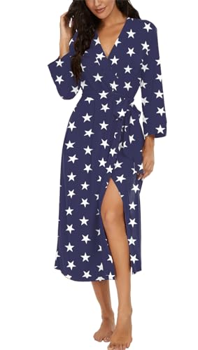 Image of VINTATRE Robes for Women Long Knit Bathrobe XS-4XL | 3 /4 Sleeve Bathrobes with Pockets, Stretchy and Lightweight Fabric, Inner Tie and Fixed Outer Matching Belt, Mid Calf Length