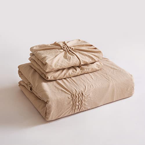 Sleepymoon Vintage Pintuck Duvet Cover Set Ultra Soft Microfiber All Season Use (Pinch Pleat Khaki, Queen) Comforter Cover 3 Piece With 2 Pillowcases #TOP4