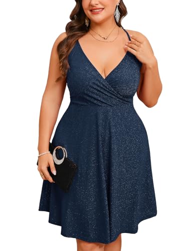 ZOMVA Plus Size 0X-4X Sparkly Glitter Sleeveless Aline Mini Dress Sparkle Wrap Spaghetti Strap Sexy Dress Cocktail Party Club