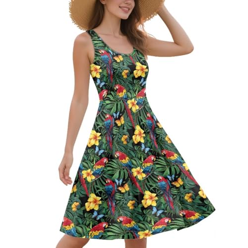 Image of Women Stylish Tank Dresses Sleeveless Round Neck Midi Casual Dress with Pocket for Summer