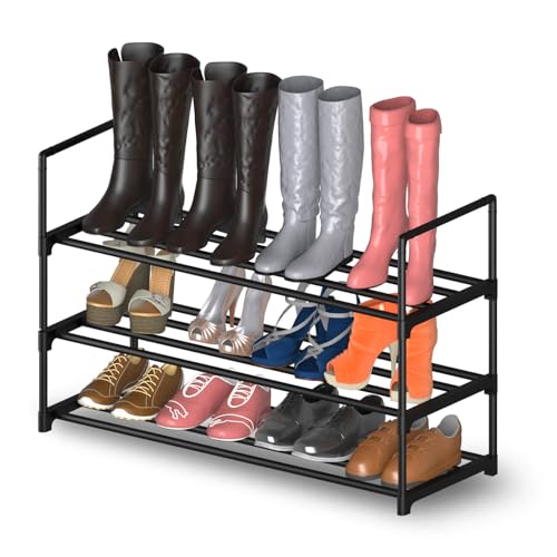 Image of Hsscblet 3 Tiers Metal Shoe Rack,Adjustable Shoe Shelf Storage Organizer,Stackable Boot & Shoe Storage,for Entryway,Hallway,Closet,Black